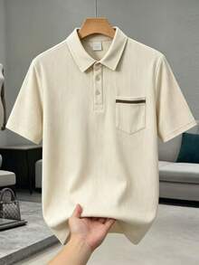 EGENSIO Camisa polo de manga corta con bolsillo y media tapeta de botones texturizada para hombre, formal - Albaricoque - Ver 3