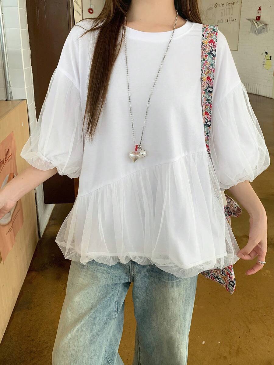 DAZY 女款純色寬鬆短袖圓領百褶休閒度假夏季襯衫上衣 - 白色 - 查看 1