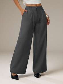SHEIN PETITE Grey Winter Chic Office Women Elegant Straight Leg Wide Leg Pants,Business Casual Low Rise Baggy Work Clothes,Spring&Summer Fashion Streetwear Y2k ,Petite Women - Grey - View 5