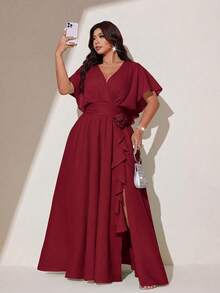 Viva Relle Plus Size Women's Summer Deep V-Neck Cinched Waist A-Line Dress With Ruffle Trim Short Sleeve Long Dress For Outings, Parties, Elegant Gatherings And Weddings - Burgundy - View 6