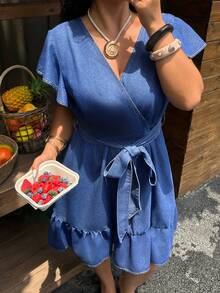 EMERY ROSE Women's Plus Size V-Neck Tie-Front Ruffle Denim Sweet Casual Daily Mini Dress - Blue - View 6