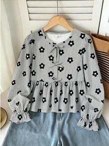 SHEIN Tween Girl Black Striped Floral Print, Front Bow Decor Long Sleeve Shirt - Black - View 3