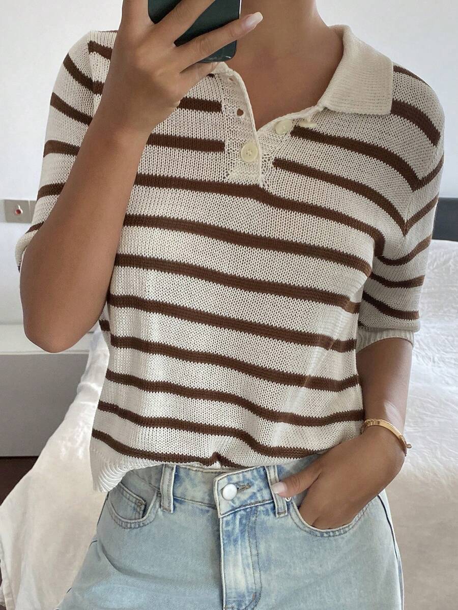 Livesso 女款棕色條紋白色 Polo 短袖套頭針織上衣,寬鬆休閒街頭通勤辦公針織衫,適合夏季秋季 - 卡其色 - 查看 1