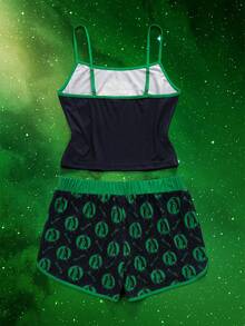 Rick and Morty X SHEIN 女款卡通印花細肩帶背心與短褲睡衣套裝 - 黑色 - 查看 2