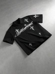 ROMWE MEN Street Life 2026春夏新款重磅刺繡毛巾布泡泡感男士 Polo 衫，翻領休閒時尚短袖上衣 - 黑色 - 查看 7