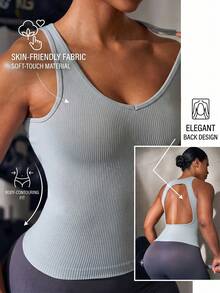Seamluxe SHEIN Sport Women's Solid Color Back Cutout Daily Gym Fitness Athleisure Sports Tank Top Light Blue Summer - Grey - View 2