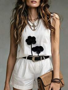 SHEIN Franclia Women's Summer 100 Cotton White Floral Minimalist Vacation Casual Skin-Friendly Comfortable Contrast Color 3D Flower Decor Sleeveless Shirt - White - View 1
