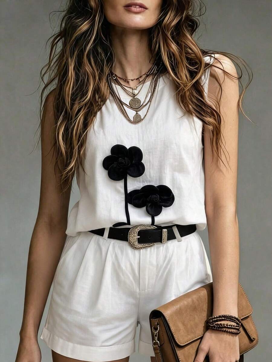 SHEIN Franclia Women's Summer 100 Cotton White Floral Minimalist Vacation Casual Skin-Friendly Comfortable Contrast Color 3D Flower Decor Sleeveless Shirt - White - View 1