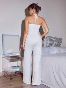 Set Camisole & Celana Panjang Lowkey Lull, Minimalis Warna Polos, Tali Bahu Ruffle, Nyaman, Chic, Kasual Musim Gugur, EasyComfort AutumnSlumber Set Piyama Wanita - Putih - View 2
