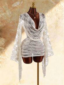 Amplova Plunging Neckline Long Sleeve Fully Sheer Sexy Elegant Ruffle Hem Bodycon Backless Mini Dress For Women Night Out Cream Autumn - Apricot - View 8