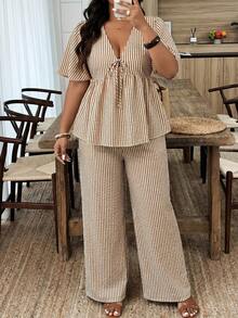 Weeklong Women's Plus Size Spring/Summer Casual Vacation Striped Front Tie Short Sleeve Shirt And Pants 2-Piece Set - Multicolor - View 4