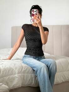 SHEIN EZwear 黑色針織網格拼接修身上衣 - 黑色 - 查看 3