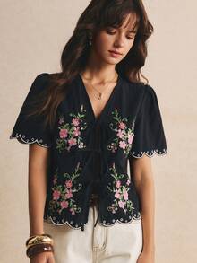 Poéselle Women's Cotton Casual Elegant Floral Embroidered Lace-Up Blouse, Going Out Brunch Vacation Tops, Work, Summer/Autumn Black And Pink - Black - View 6