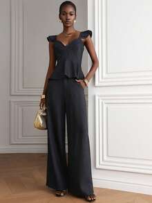 Korevelle Summer Autumn Sweetheart Neck Ruffle Shoulder Strap Slim Fit Top With Wide Leg Pants Charcoal Gray Women's 2 Pieces Set Party Brunch Going Out Elegant - Navy Blue - View 1