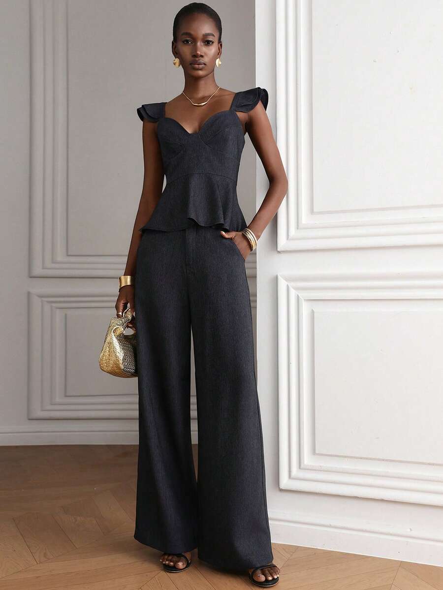 Korevelle Summer Autumn Sweetheart Neck Ruffle Shoulder Strap Slim Fit Top With Wide Leg Pants Charcoal Gray Women's 2 Pieces Set Party Brunch Going Out Elegant - Navy Blue - View 1