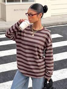 Muchica 女款休閒極簡復古棕色與粉色條紋寬鬆露背綁帶長袖T恤，適合外出、返校、街頭穿搭、露背上衣、秋季上衣，適用於日常通勤、約會、聚會、秋冬春夏、聖誕節、新年、感恩節、派對、婚禮、海灘、畢業典禮，時尚優雅休閒 - 彩色 - 查看 6