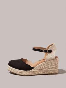 Styleloop Retro Simple Wind Wavy Edge Wedge Heel Shoes; Black Buckle With Closed Toe Versatile Commuter Sandals - Black - View 3