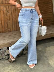 Sunnyshic New Lace Trim High Waist Plus Size Denim Flare Pants Light Blue Summer Vacation Casual Traditional - Blue - View 8