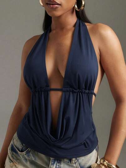 Denimoi Outdoor Beach Vacation Backless Wide Neck Pleated Halter Sexy Top