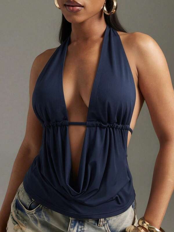 Denimoi Outdoor Beach Vacation Backless Wide Neck Pleated Halter Sexy Top