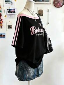 Lalippa 女款夏季休閒字母印花露肩T恤 - 黑色 - 查看 3