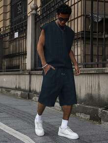 Major Grit Men's Vest Set, Young Street Style, Textured Fabric, Fashionable Everyday Wear - Navy Blue - View 7