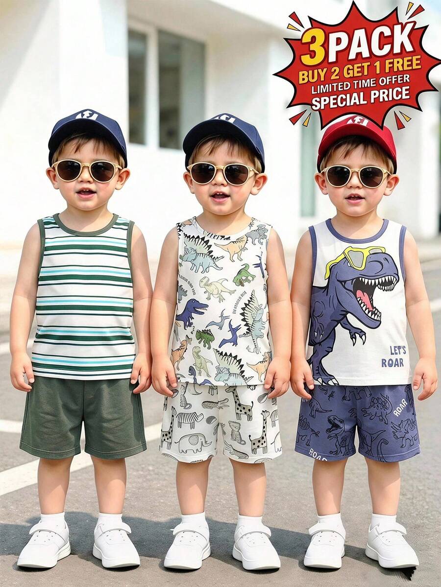 男孩休閒簡約舒適背心,3件組,適合春季/夏季 - 彩色 - 查看 1