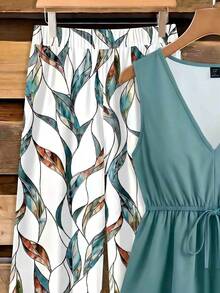 Mellowie Business Casual Traditional Minimalist Teal White Women's Bowknot Blouse Paired With Textured Abstract Geometric All-Over Print Pants 2 Pieces Set - Multicolor - View 5