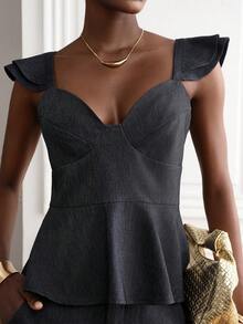 Korevelle Summer Autumn Sweetheart Neck Ruffle Shoulder Strap Slim Fit Top With Wide Leg Pants Charcoal Gray Women's 2 Pieces Set Party Brunch Going Out Elegant - Navy Blue - View 5