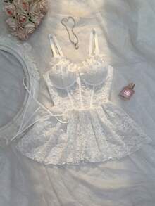 Crystal Vow Plus Size Sexy Bridal Lace Mesh A-Line Dress With 3D Floral Decor Spaghetti Strap Dress 2pcs Set - White - View 3