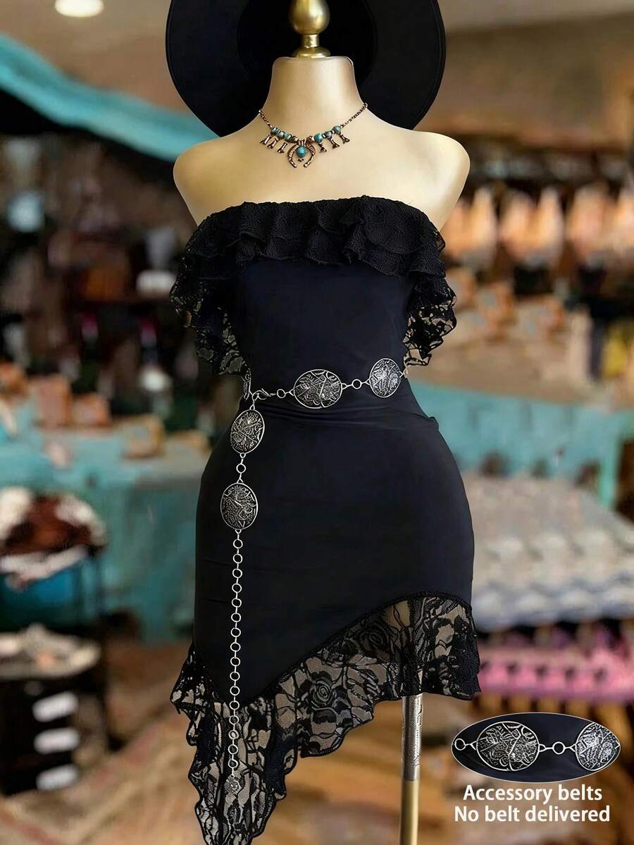 EMERY ROSE Gaun Mini Asimetris Pas Badan dengan Hiasan Renda Terbaru, Desain Tanpa Tali Bahu untuk Wanita - Hitam - View 1