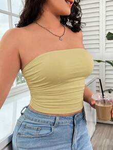 GalTyme Top bandeau de color amarillo pálido con volantes para mujer de talla grande - amarillo ganso - Ver 5