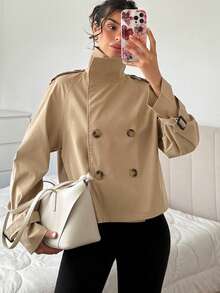 SHEIN EZwear 卡其色女款梭織雙排扣風衣 - 卡其色 - 查看 7
