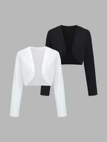 Sweetra Women's New Fashion Versatile Long Sleeve Thin Cardigan Jacket Collarless Shawl Sun Protection Black & White 2 Pieces Set Short Jacket - Multicolor - View 1