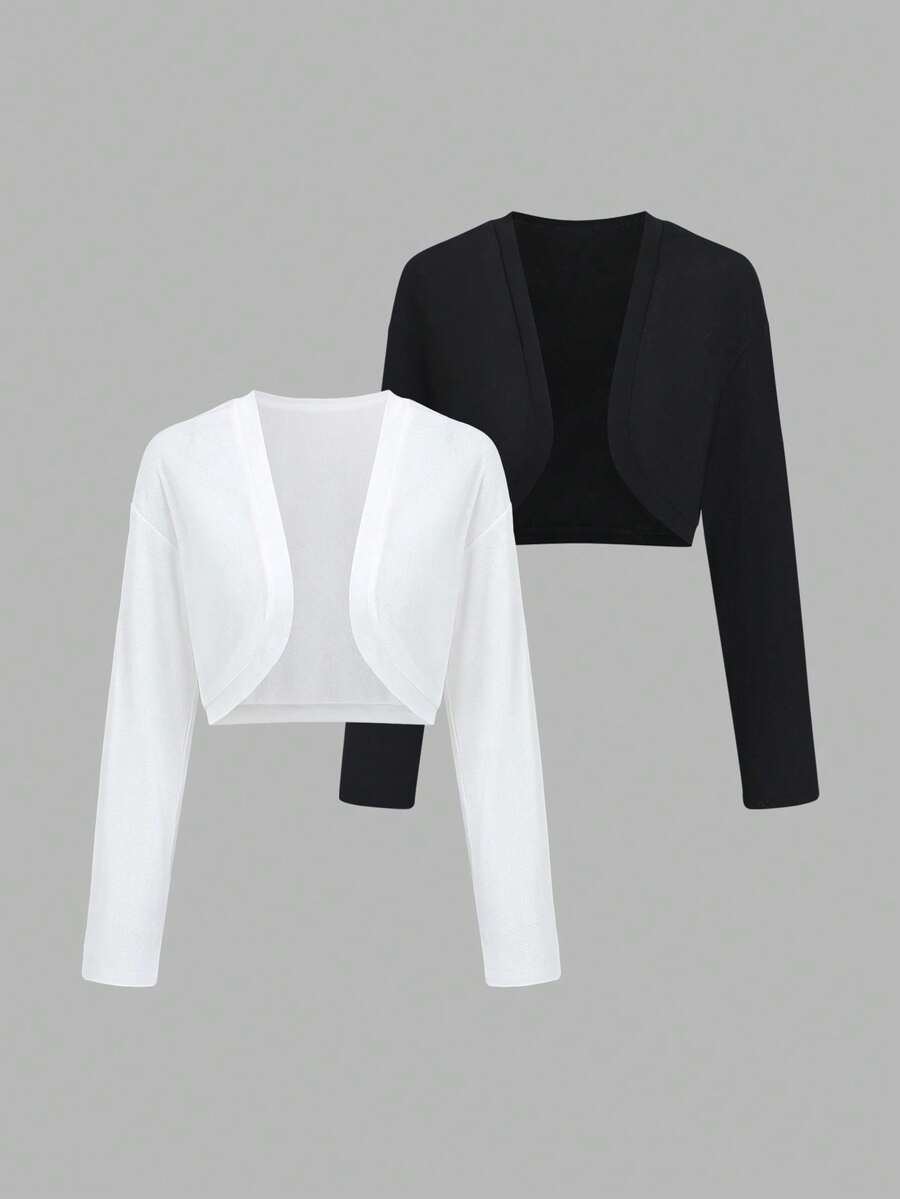 Sweetra Women's New Fashion Versatile Long Sleeve Thin Cardigan Jacket Collarless Shawl Sun Protection Black & White 2 Pieces Set Short Jacket - Multicolor - View 1