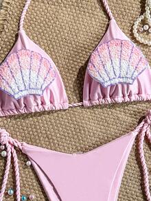Swim Vcay-D 女款性感比基尼泳衣套裝 2 件組 春夏海灘度假款 純色 編繩亮片貝殼裝飾 掛脖三角比基尼上衣與側綁比基尼褲 - 粉色 - 查看 4