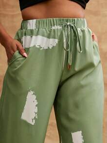 Vixey Printed Woven Drawstring Waistband Wide Leg Vacation Pants - Green - View 3