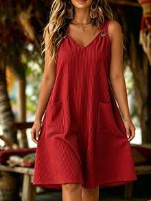 Linhara CURVE Plus Size Women's Striped Dual Pocket Casual Sleeveless Dress - Red - View 1