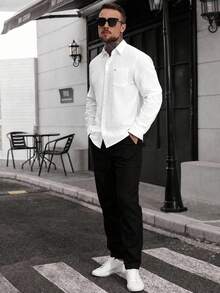Manfinity CasualCool Men's Long Sleeve Single-Breasted Casual Pocket Shirt, Ceremony - White - View 3