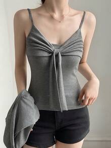 DAZY Women's Solid Color Tie Strap Long Sleeve Top 2pcs Set Lounge Sets For Women - Grey - View 8