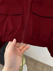 SHEIN 青少年女孩編織素色貼袋短版寬鬆休閒連帽外套 - 酒紅色 - 查看 4