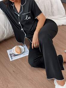 Napfluff Women's Casual Pocket Letter Print Lapel Short Sleeve Pajama Set - Black - View 6