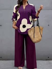 SHEIN LUNE Setelan Kasual Wanita Ukuran Besar dengan Atasan Motif Bunga dan Celana Polos, Musim Gugur/Dingin - MultiWarna - View 3