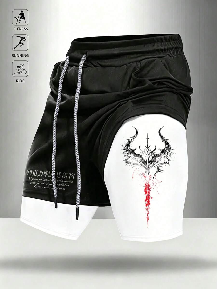 Gym Rark Pantalones cortos casuales versátiles para hombres con cordón en la cintura, estampado de eslogan, para uso diario, viajes y deportes - Blanco y Negro - Ver 1