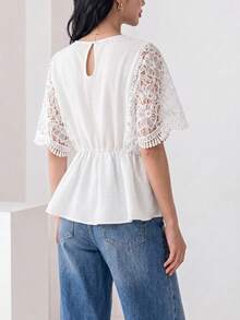 Heiryn Women's Solid Color Round Neck Pleated Casual Versatile Daily Outing Shirt - White - View 5