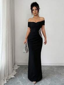 Elenzga Damenkleid mit Off-Shoulder Ausschnitt, tailliert, gerafft, figurbetont, Meerjungfrau-Saum, asymmetrisch, mit Strass-Dekor, elegant, romantisch und exquisit - Schwarz - Übersicht 5