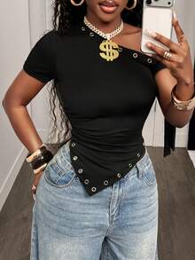 BamGleam Top corto para mujer Primavera/Verano 2026 con manga asimétrica, bajo asimétrico con abertura, decoración de ojales, escote asimétrico en hombro, sexy y estilizante, para vacaciones, playa y citas - Negro - Ver 6