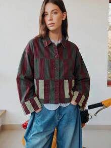 Nöista Women's Striped Cropped Jacket In Warm Pink And Rust Tones With Contrast Patch Pockets - Multicolor - View 4