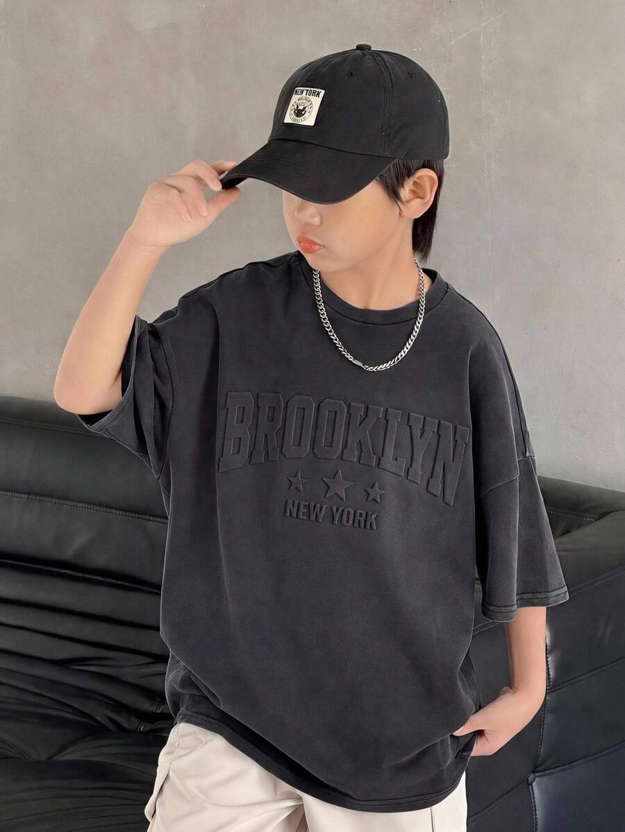兒童青少年男孩休閒簡約針織灰色短袖3D壓紋字母Y2K圖案上衣，男孩套裝，適合春/夏、情人節、約會、家庭聚會、開學季、婚禮季、運動