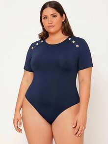 SHEIN BASICS Body de manga corta de color liso talla grande - Azul Marino - Ver 6